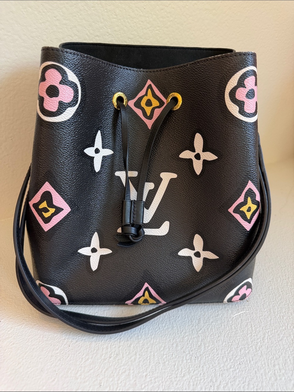 Louis Vuitton Black Pink & White Monogram Drawstring Bucket Bag